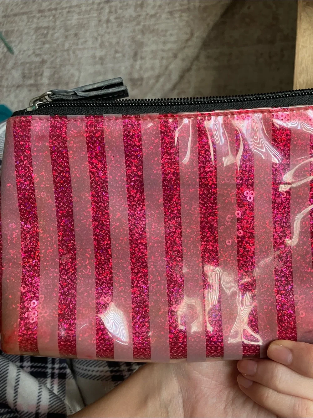 (MAJOR WEAR LOOK AT DESCRIPTION) Victoria Secret Pink Glitter Stripe Makeup Pouc